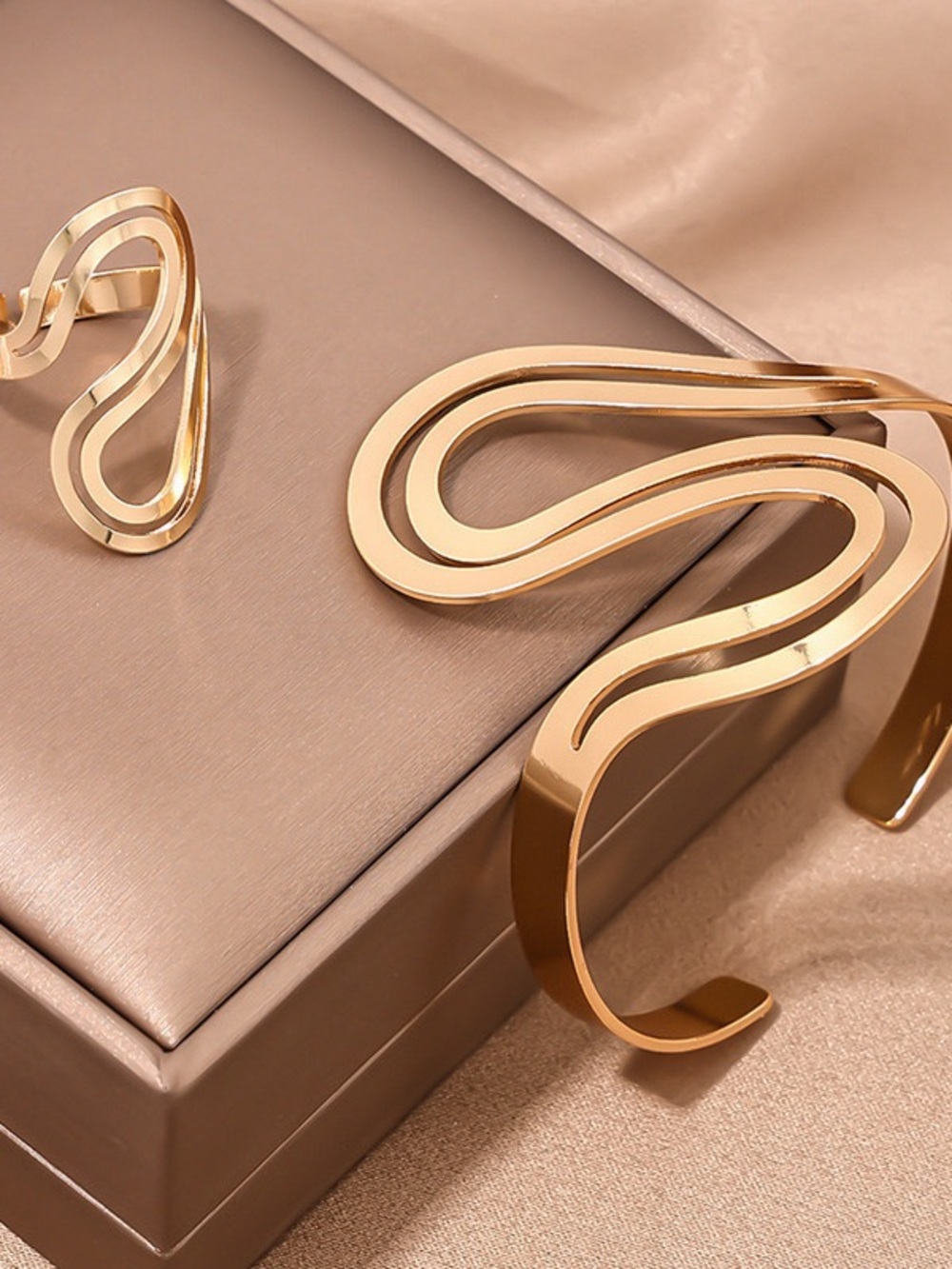Gold Abstract Wave Cuff Bracelet and Ring Set